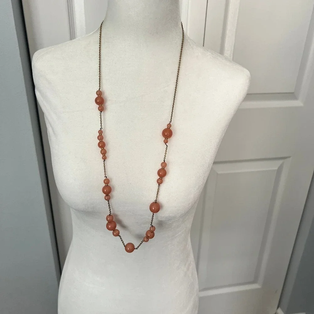 J. Crew Long Pink Peach Salmon Beaded Station Necklace on Gold Tone Chain